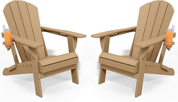 Foldable Adirondack Chair with Cup Holder-Heavy Duty Recycled HDPE Outdoor Patio Furniture, Weather Resistant Deck Lawn Fire Pit Chair (Brown, 2 Chair)