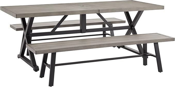 Ulax furniture Outdoor Dining Set, Patio Furniture Table with 1 Rectangular Table and 2 Benches, Wood-Like Dining Set for Garden, Porch, Backyard