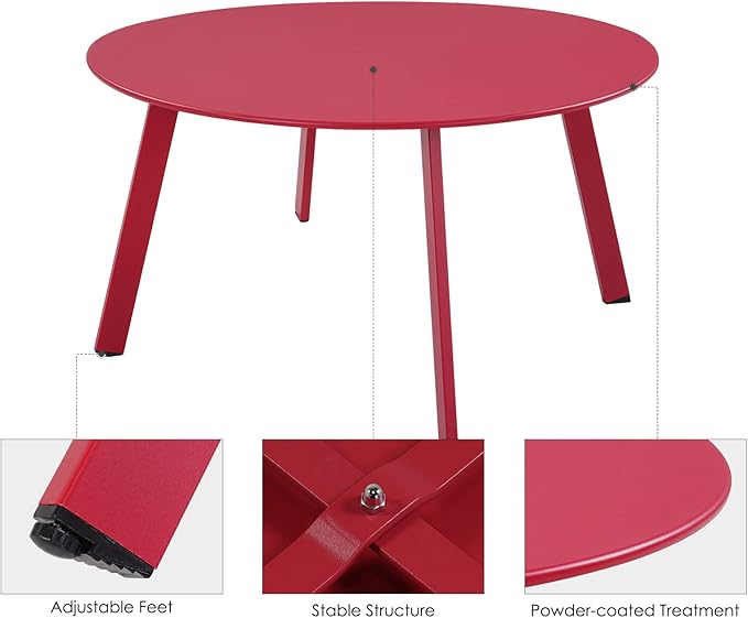 Grand patio Outdoor Side Table, 28-inch Powder Coated Steel Round Coffee Table for Porch, Deck, Balcony, Poolside, Dark Red