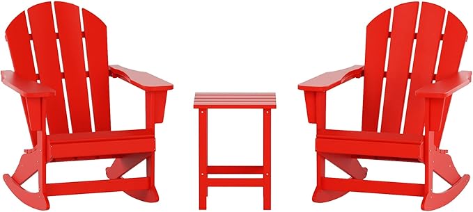 WO WESTIN OUTDOOR HDPE Laguna Outdoor Rocking Poly Adirondack Chair with Side Table 3-Piece Set, Red