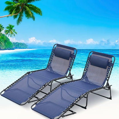 Folding Chaise Lounge Chair Set of 2, Patio Sun Tanning Chair with 4-Position Reclining Back, Breathable Mesh Outdoor Lounge Chair for Pool Beach, Adjustable Footrest, Portable, Dark Blue