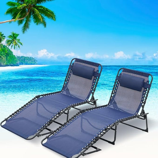 Folding Chaise Lounge Chair Set of 2, Patio Sun Tanning Chair with 4-Position Reclining Back, Breathable Mesh Outdoor Lounge Chair for Pool Beach, Adjustable Footrest, Portable, Dark Blue