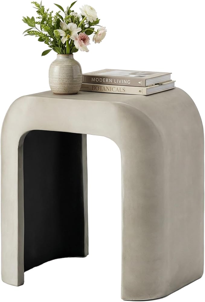 COSIEST Grey Outdoor Side Table, 17.7" Modern Concrete End Table with Arched Open for Patio, Small Outside Accent Table & Plant Stand for Garden, Porch, Deck, Balcony