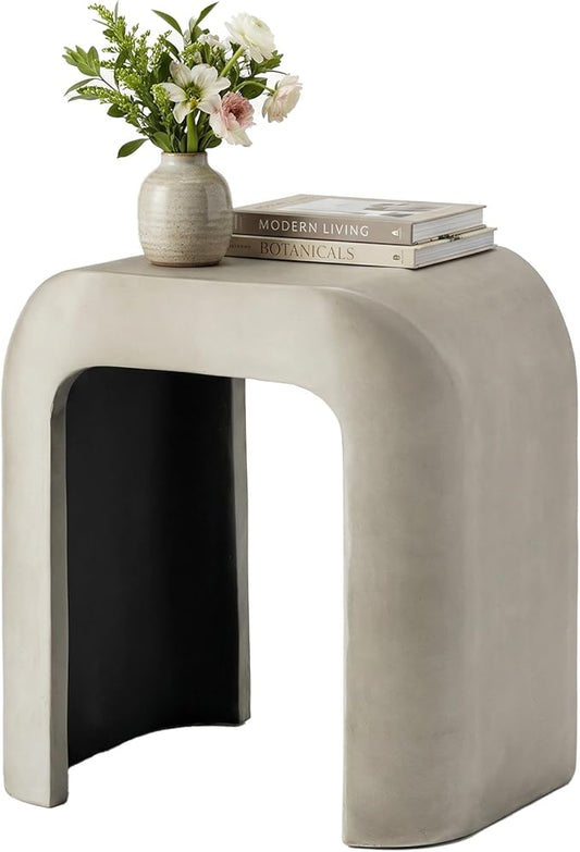 COSIEST Grey Outdoor Side Table, 17.7" Modern Concrete End Table with Arched Open for Patio, Small Outside Accent Table & Plant Stand for Garden, Porch, Deck, Balcony