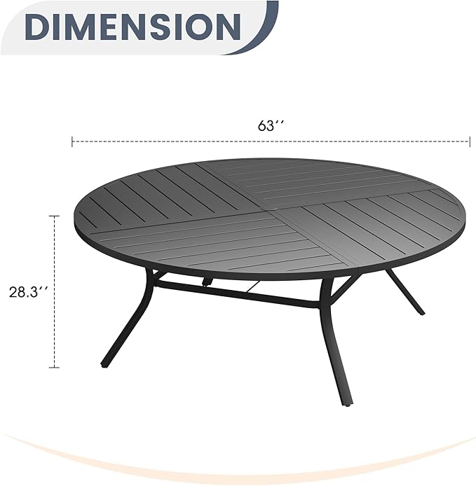 VICLLAX 63" Round Patio Dining Table for 8-10, All Weather Metal Outdoor Table with 1.57" Umbrella Hole and Surdy Frame for Garden Lawn Deck, Black