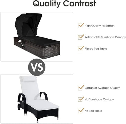 Tangkula Outdoor Chaise Lounge Chair with Folding Canopy, Adjustable Cushioned Reclining Chair with Flip-up Tea Table, Rattan Sun Lounger for Beach Poolside Backyard Balcony Porch (1, Black)