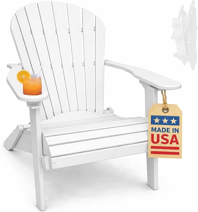 Ecommersify Folding Adirondack Chair with Cup Holder - (Bright White) - Heavy Duty Recycled Poly Lumber Folding Chair - Amish Crafted Outdoor Furniture - Made in USA