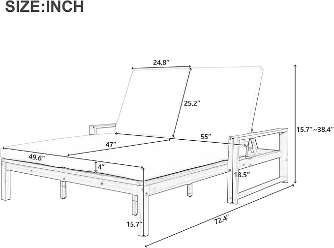 Acacia Wood Outdoor Double Chaise Lounge with 5-Position Adjustable Backrest and Armrest - Photo 3
