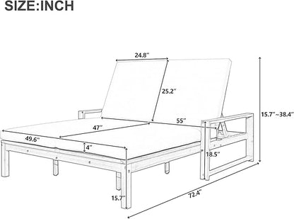 Acacia Wood Outdoor Double Chaise Lounge with 5-Position Adjustable Backrest and Armrest, All Weather Patio Recliner Chair Sunbed with Removable Cushions for Poolside Garden (Light Teak-3.1)