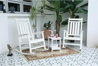 Outdoor Rocking Chair Set with Side Table, 3-Piece Rocking Chair Set with Wood-Texture,All Weather-Resistant,Black (White + Plastic-1)