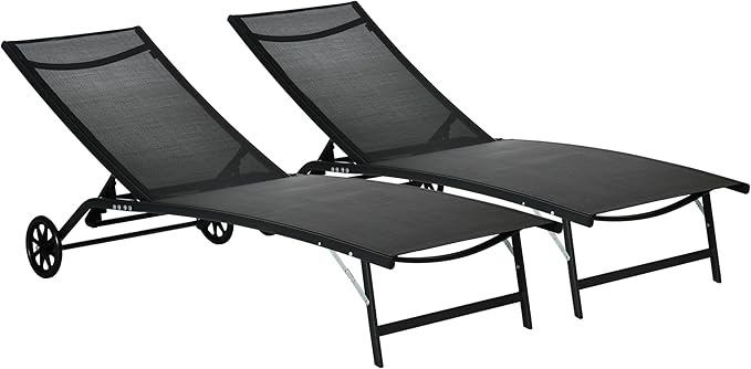 Outsunny Chaise Lounge Outdoor, 2 Piece Lounge Chair with Wheels, Tanning Chair with 5 Adjustable Positions for Patio, Beach, Yard, Pool, Black