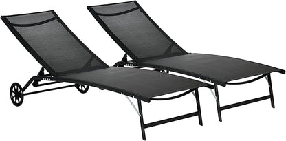 Outsunny Chaise Lounge Outdoor, 2 Piece Lounge Chair with Wheels, Tanning Chair with 5 Adjustable Positions for Patio, Beach, Yard, Pool, Black