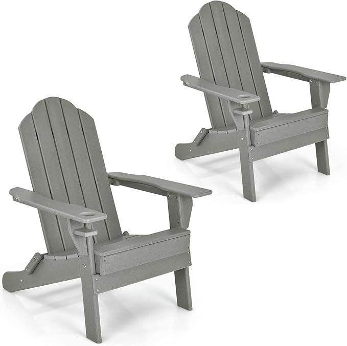 Giantex 2-Pack Adirondack Chair, Outdoor Folding Chairs, Weather Resistant Patio Chair with Cup Holder Lawn Chair for Patio, Garden, Backyard, Balcony, Deck Outside Fire Pit Chair (Grey)
