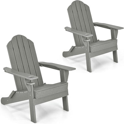 Giantex 2-Pack Adirondack Chair, Outdoor Folding Chairs, Weather Resistant Patio Chair with Cup Holder Lawn Chair for Patio, Garden, Backyard, Balcony, Deck Outside Fire Pit Chair (Grey)