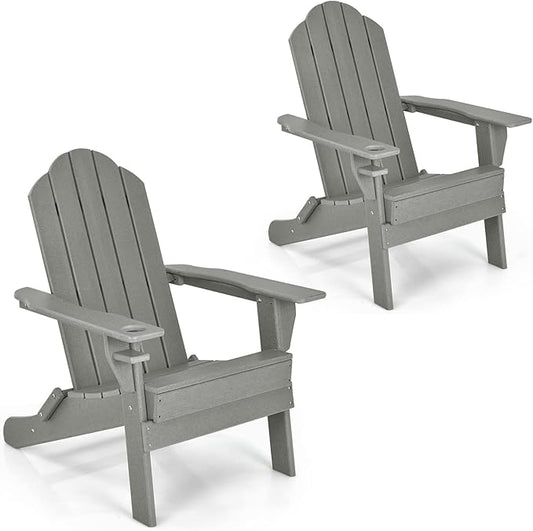 Giantex 2-Pack Adirondack Chair, Outdoor Folding Chairs, Weather Resistant Patio Chair with Cup Holder Lawn Chair for Patio, Garden, Backyard, Balcony, Deck Outside Fire Pit Chair (Grey)