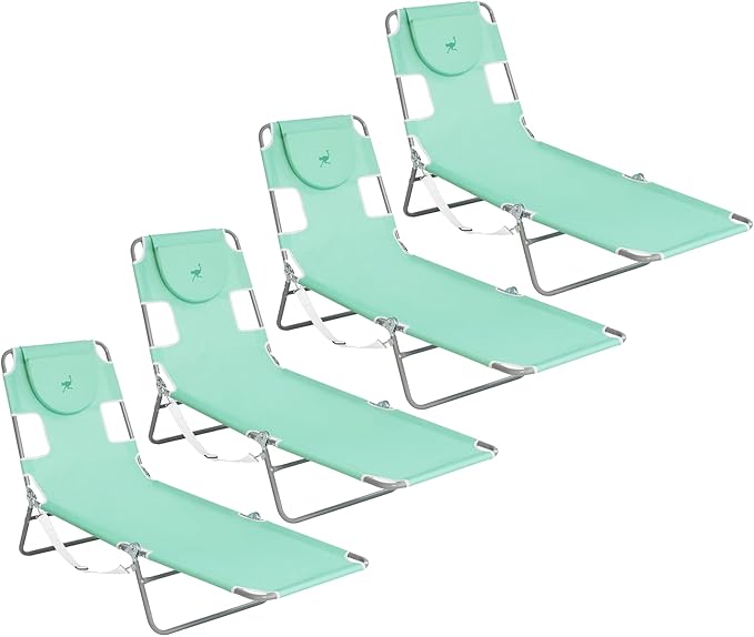 Ostrich Chaise Lounge Outdoor Portable Folding 4-Position Recliner Chair for Beach, Patio, Camp, & Pool with Carrying Strap, Teal (4 Pack)