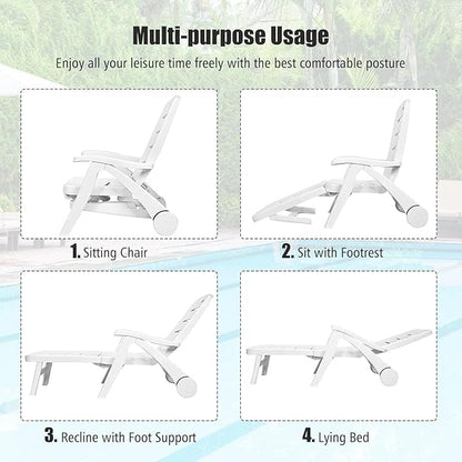 LDAILY Moccha Plastic Folding Lounge Chair, 5-Position Adjustable Chaise Lounge with 2 Rolling Wheels, Armrest, Outdoor Chaise Chair for Patio, Beach, Backyard, Poolside, Home (1, White)