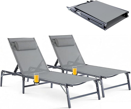 2 Pack Foldable Chaise Lounge Chair with Cup Holder, Assemble-Free Outdoor Lounge Chair with Detachable Pillow and 6 Adjustable Backrest, Patio Lounge Chair for Outside Poolside Beach Pool, Grey