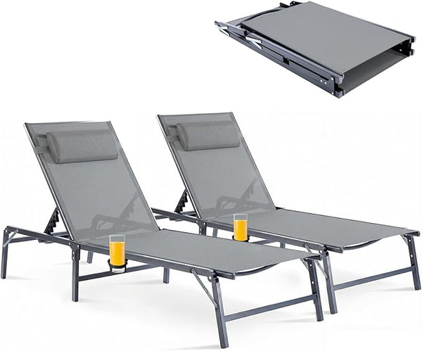 2 Pack Foldable Chaise Lounge Chair with Cup Holder - Photo 1