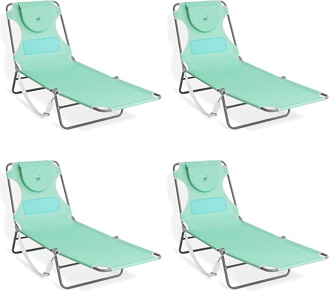 Ostrich Chaise Lounge Outdoor Lightweight Folding Adjustable Reclining Beach Chair for Tanning Pool Lake Patio Lawn Camping, Teal (4 Pack)