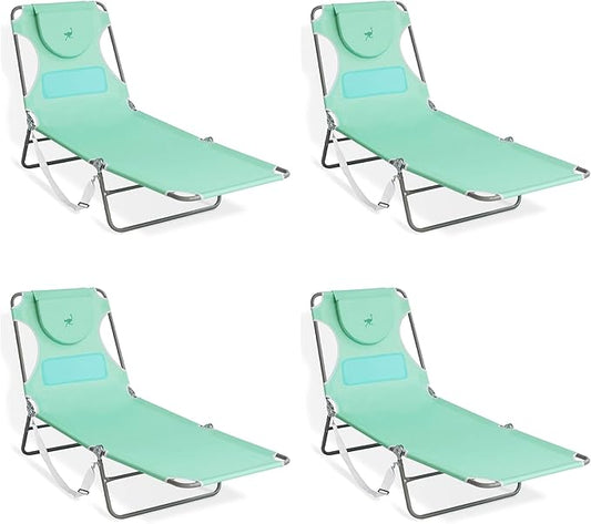 Ostrich Chaise Lounge Outdoor Lightweight Folding Adjustable Reclining Beach Chair for Tanning Pool Lake Patio Lawn Camping, Teal (4 Pack)