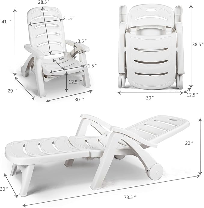 Giantex Folding Lounger Chaise Chair on Wheels Outdoor Patio Deck Chair Adjustable Rolling Lounger 5 Position Recliner w/Armrests (2, White)