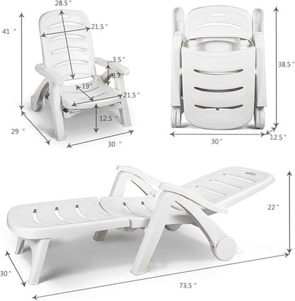 Giantex Folding Lounger Chaise Chair on Wheels Outdoor Patio Deck Chair Adjustable Rolling Lounger 5 Position Recliner w/Armrests (1, White)
