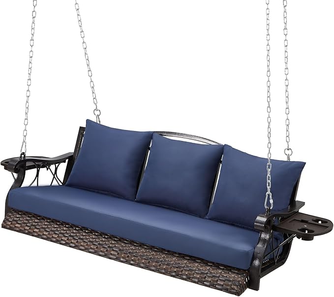 3-Person Wicker Porch Swing Chair Heavy Duty 900 LBS Outdoor Rattan Patio Swing Chair w/Cup-Holder & Steel Chains - Photo 1