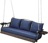 3-Person Wicker Porch Swing Chair Heavy Duty 900 LBS Outdoor Rattan Patio Swing Chair w/Cup-Holder & Steel Chains - Photo 1