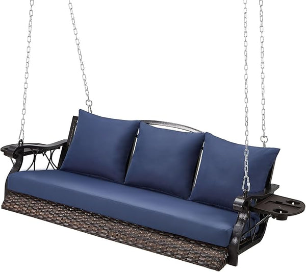 3-Person Wicker Porch Swing Chair Heavy Duty 900 LBS Outdoor Rattan Patio Swing Chair w/Cup-Holder & Steel Chains - Photo 1