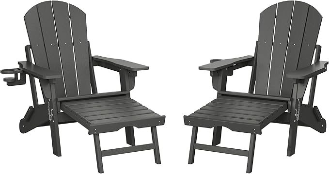 WestinTrends Malibu Folding Adjustable Adirondack Chair with Retractable Ottoman and Cup Holder (Set of 2), Gray - Photo 3