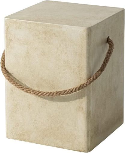 HOMPUS Outdoor Side Table Sets of 2 w Hemp Rope Handle, 2 Pieces Patio MgO Concrete Natural End Table, Square Accent Table Sets, Small Coffee Table for Garden, Patio, Porch and Deck, Warm Grey