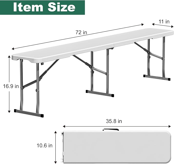 4 Pack 6ft Folding Bench, Plastic Folding Bench for Picnic Camping Dining Party Garden, 6 feet Foldable Benches for Soccer Multipurpose Entertaining Activities, Smooth HDPE Tabletop, White