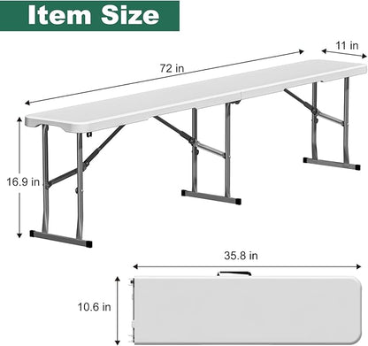 4 Pack 6ft Folding Bench, Plastic Folding Bench for Picnic Camping Dining Party Garden, 6 feet Foldable Benches for Soccer Multipurpose Entertaining Activities, Smooth HDPE Tabletop, White