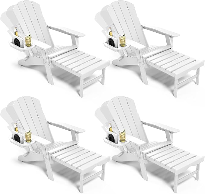 Adjustable Adirondack Chair with Retractable Ottoman Set of 4, HDPE Folding Adirondack Chair with Cup Holder, All Weather Fire Pit Chair for Outdoor.