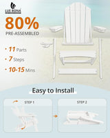 LUE BONA Folding Adirondack Chair, Chairs Set of 8, Cup Holder, Woodgrain, Fire Pit, Patio, Pool, White - Photo 3