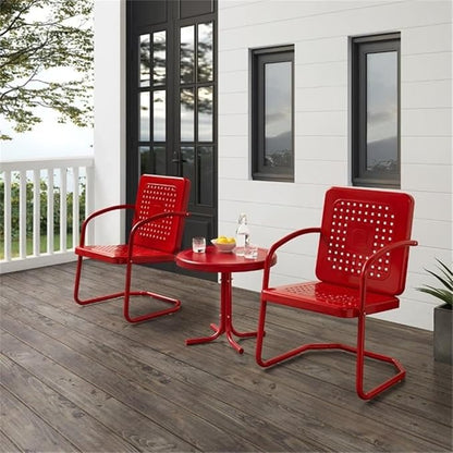 Pemberly Row 3 Piece Metal Outdoor Chair Set, Bright Red Gloss Finish, Retro Patio Furniture, Steel Construction, Cantilever Armchairs with Basket Weave Design, Side Table for Small Outdoor Spaces