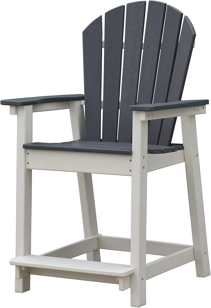 Tall Adirondack Bar Stool, Heavy-Duty Counter Height Chair with Ergonomic Seat, Durable Patio Barstool for Backyard, Deck, Poolside, Grey and White