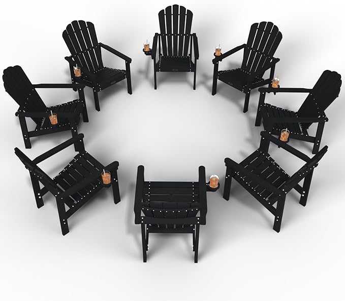 Stackable Adirondack Chair Set of 8, HDPE All-Weather Adirondack Chairs - Durable and Space Saving, Plastic Outdoor Fire Pit Chairs with Cup Holder,Black