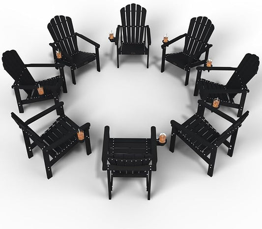 Stackable Adirondack Chair Set of 8, HDPE All-Weather Adirondack Chairs - Durable and Space Saving, Plastic Outdoor Fire Pit Chairs with Cup Holder,Black