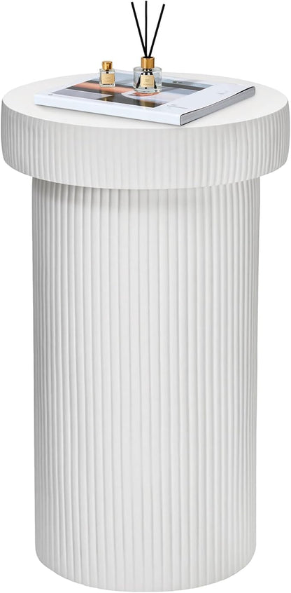 Side Table, 24" Pedestal End Table, 3-in-1 Durable Lightweight Round Coffee Table, Decorative Patio Accent Table Fluted Garden Stool Art Decor for Poolside, Balcony, Living Room,White