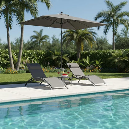 PURPLE LEAF Patio Chaise Lounge with 10' x 6.5' Tilt Umbrella Outdoor Lounge Chair Beach Pool Sunbathing Lawn Lounger, Base and Side Table Included, Light Grey
