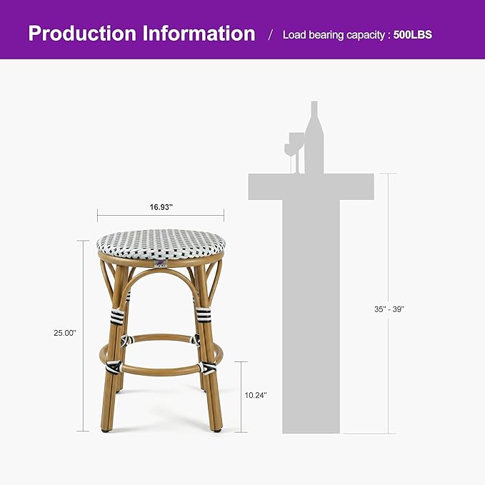 PURPLE LEAF Patio French Round Counter Stool Set of 2 Large 26" Rattan Backless Barstool Bamboo Print Aluminum Frame - Photo 8