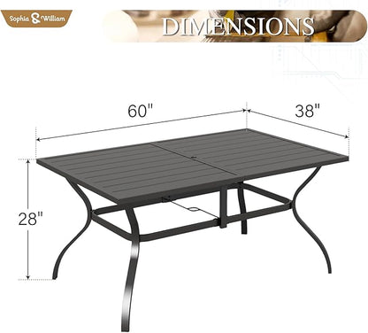 Sophia & William Outdoor Patio Table for 6 People, Rectangular Metal Patio Outdoor Dining Table, Black Steel Slatted Weather-Resistant Table with 2" Adjustable Umbrella Hole, L60 * W38 * H28