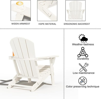 Folding Adirondack Chairs with Cup Holders, Set of 6 HDPE Plastic Outdoor Chairs, Weather Resistant, Real Wood Look, Heavy-Duty Patio Furniture for Deck, Fire Pit, Backyard, White