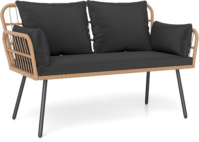 Tangkula Patio Wicker Loveseat, Outdoor Rattan 2-Seat Cushioned Sofa with Heavy Duty Metal Frame, for Backyard, Porch - Photo 1