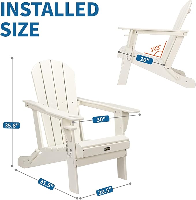 VINGLI Plastic Folding Adirondack Chair with Cup Holder, 100% Recyclable Waterproof HDPE Material, Comfortable 380lb Weight Capacity for Outdoor Pool Patio Lounge Chair Lawn Furniture Firepit (White)