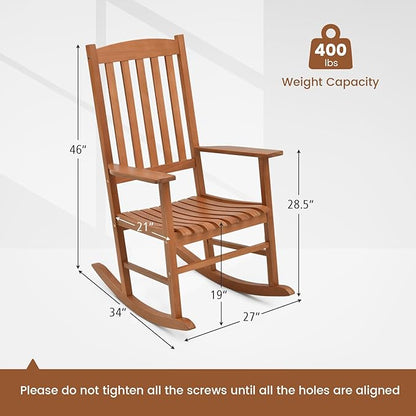Tangkula Patio Rocking Chair with 400 lbs Weight Capacity, Eucalyptus Wood Porch Rocker with High Back, Patio Rocker Chair for Indoor and Outdoor Use (2)