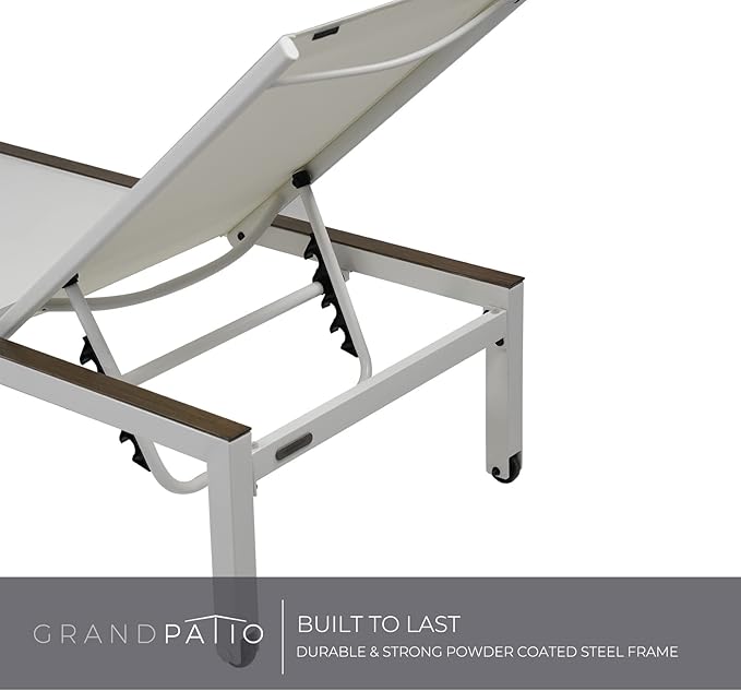 Grand patio Outdoor Chaise Lounge Mesh Sling Chair with Woodgrain Texture, Portable Wheels 4 Adjustable Reclining Backrest Positions for Poolside Beach White