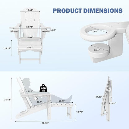Mdeam 3-Level Adjustable Adirondack Chair with Retractable Ottoman, HDPE All-Weather Folding Fire Pit Chair with 2 Cup Holders, Outdoor Chair for Deck Patio Garden Backyard Lawn (White)
